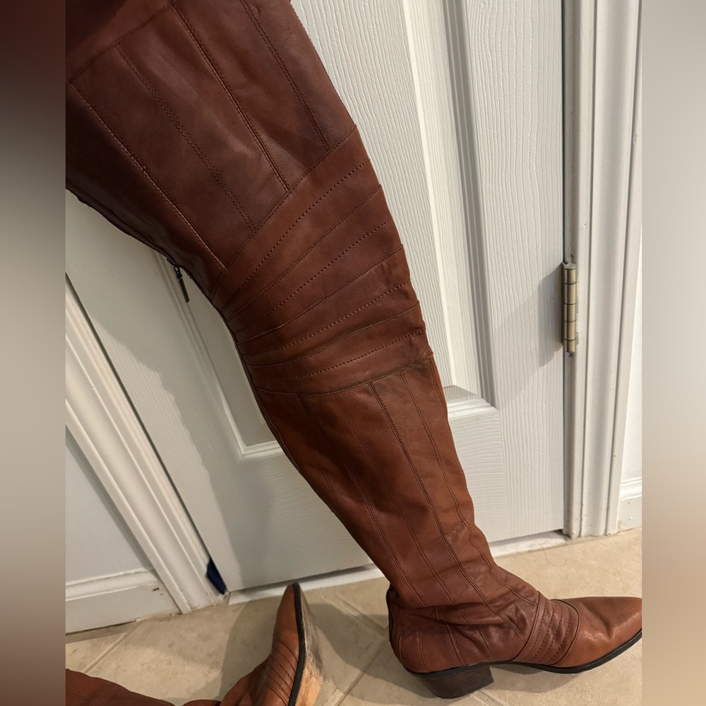 Cognac Italian leather thigh high boots